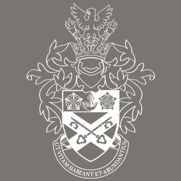 York St John University crest in white on grey.