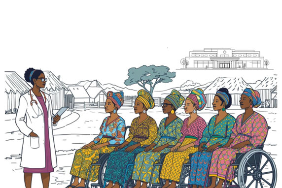 Illustration of a female doctor in a white coat standing before women in wheelchairs in tradition African dress.
