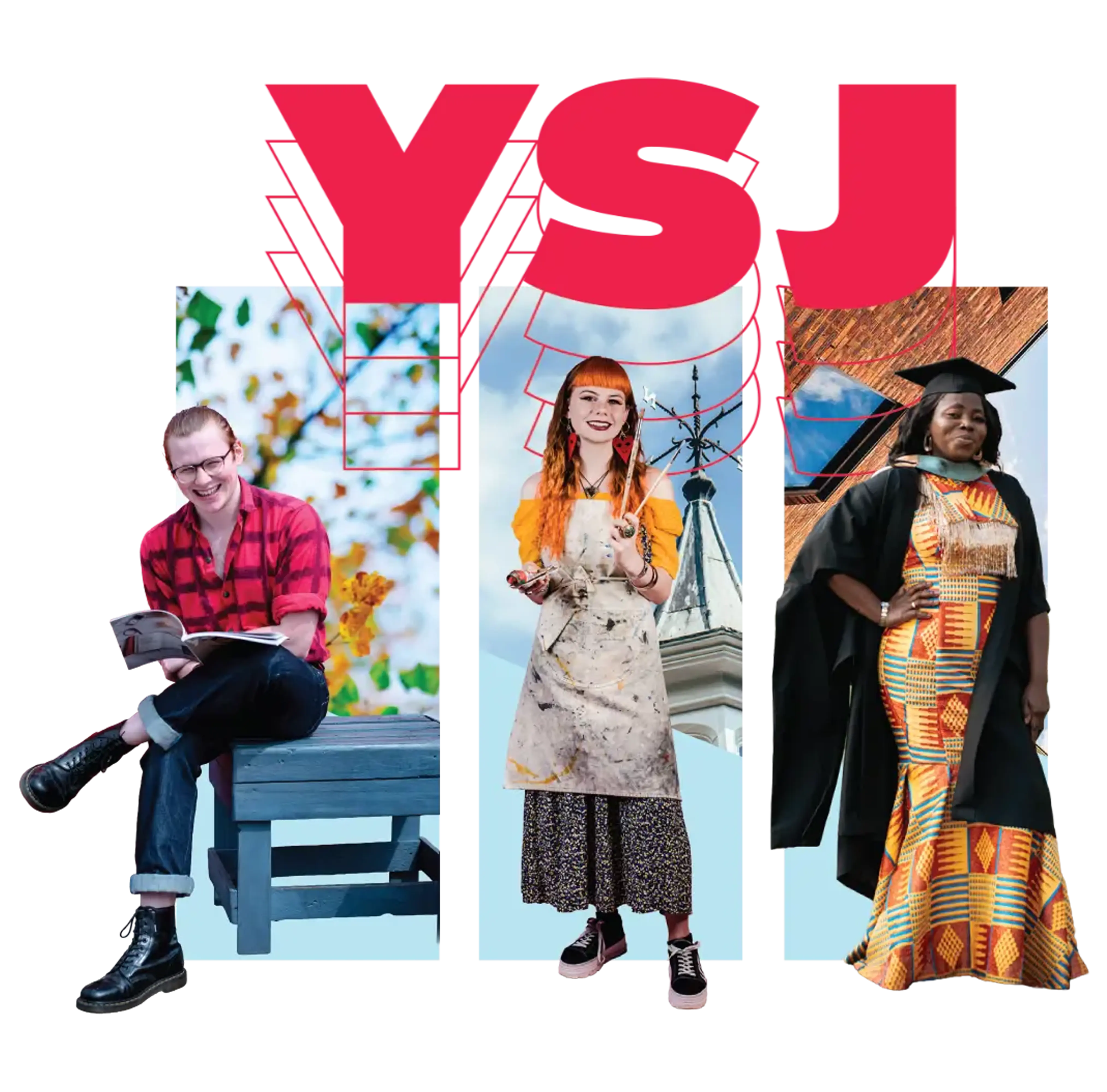 Mix of students in situations with YSJ branding